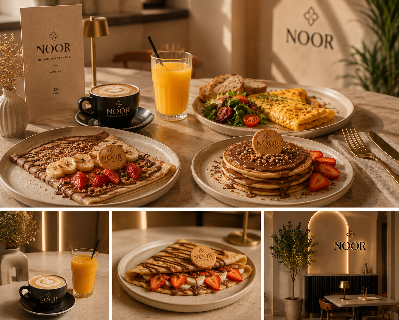 Petit-déjeuner Noor — crêpes, pancakes, omelette, café latte
