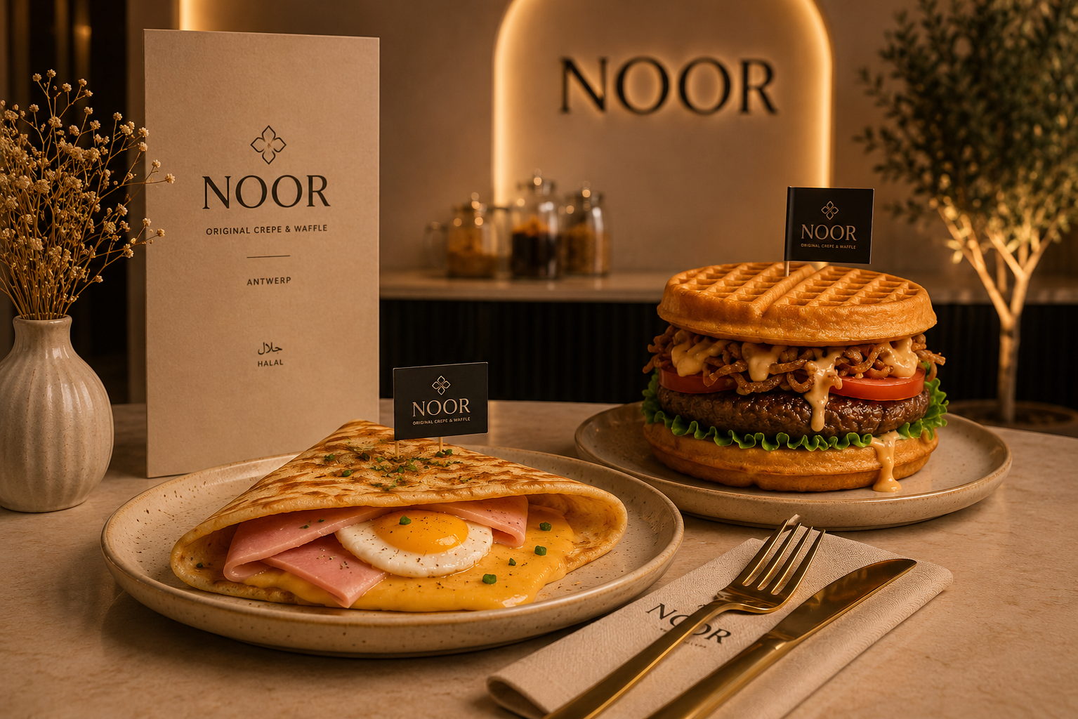 Plats salés Noor — crêpe jambon-œuf-fromage et waffle burger